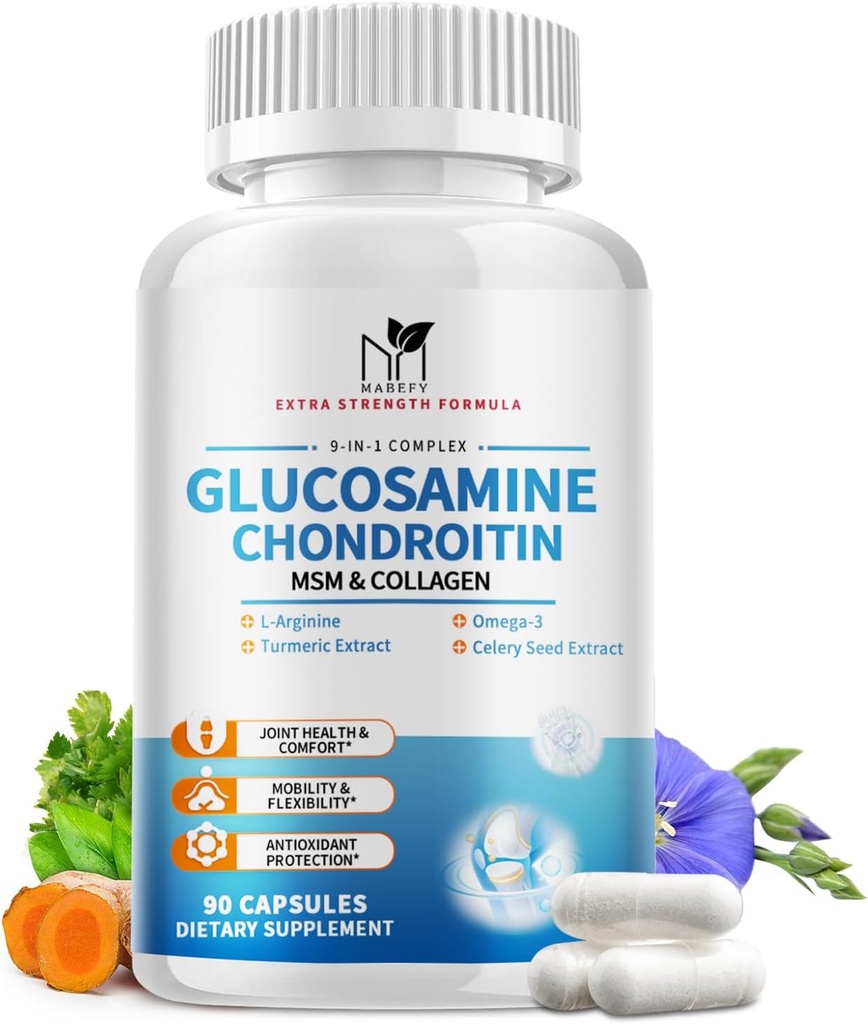 Glucosamine Chondroitin Capsules 1500mg con MSM, Collagen, Turmeric - Suplemento de Apoyo Conjunto para Mujeres Hombres, Apoyo Antioxidante de Salud Conjunto, 90 cápsulas