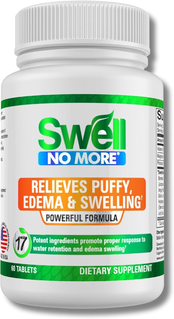 SwellNoMore Natural Supplement Reduces Water Retention, Bloating, Puffy Eyes, Swollen Feet, Swollen Legs, Swollen Ankles & Other Types of Edema & Swelling, Fast & Naturally -1 bottle (1 Month Supply)