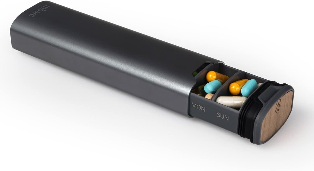 7 días Organizador semanal de píldoras 2.0 por mbarc - Premium Aluminio y Madera Caja de gran capacidad para suplementos, píldoras, vitaminas y medicamentos. (Steel Grey)