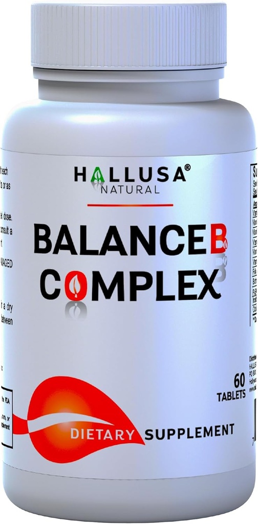 Hallusa Complejo Natural de Vitamina B con Biotina, B12, B6, B3, B2 – Energía, Metabolismo y Peluquería 60 Tabletas – Suplemento diario B-Complex con ácido fólico, Inositol " Choline