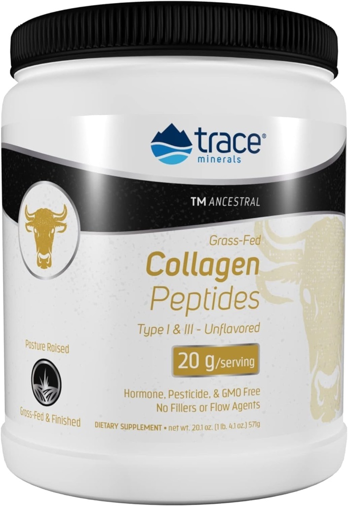 Trace Minerals Collagen Peptides - Hueso sano &amp; Soporte Conjunto - Colagen Supplement Aids Strong Hair, Nails & Skin - Powder Supplement Support Gut Health - Unflavored, 571g (28 Servings)