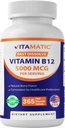 Vitamatic Vitamin B12 5000 mcg – 365 Fast Dissolve Tablets Berry Flavor – Supports Energy Production & Nervous System Health – Non-GMO, Gluten-Free
