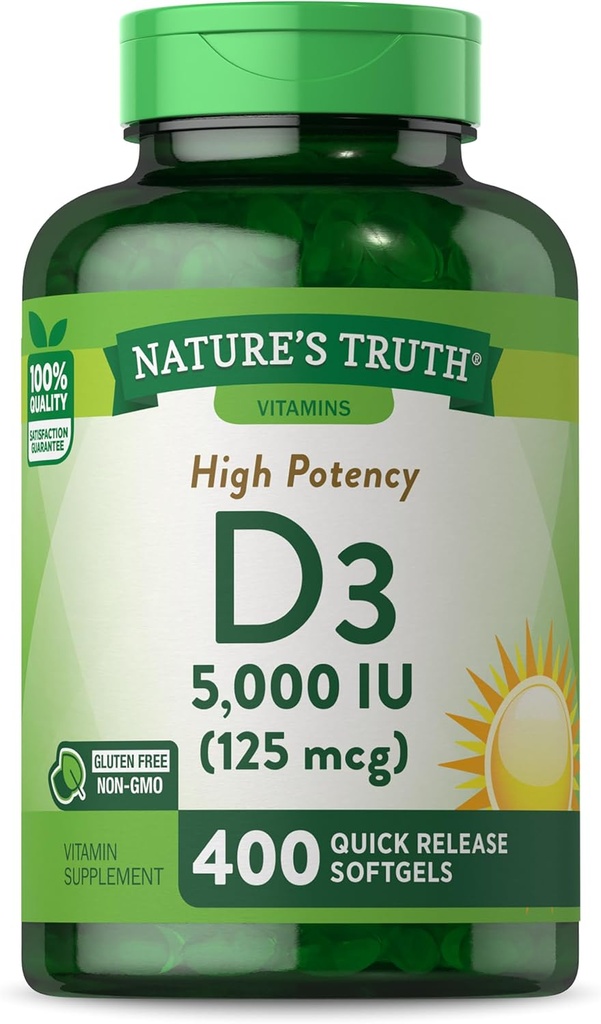 La verdad de la naturaleza Vitamina D3 5000 UI Softgels ← 400 Cuenta  sometida High Potency ¦ Non-GMO &amp; Gluten Free Supplement