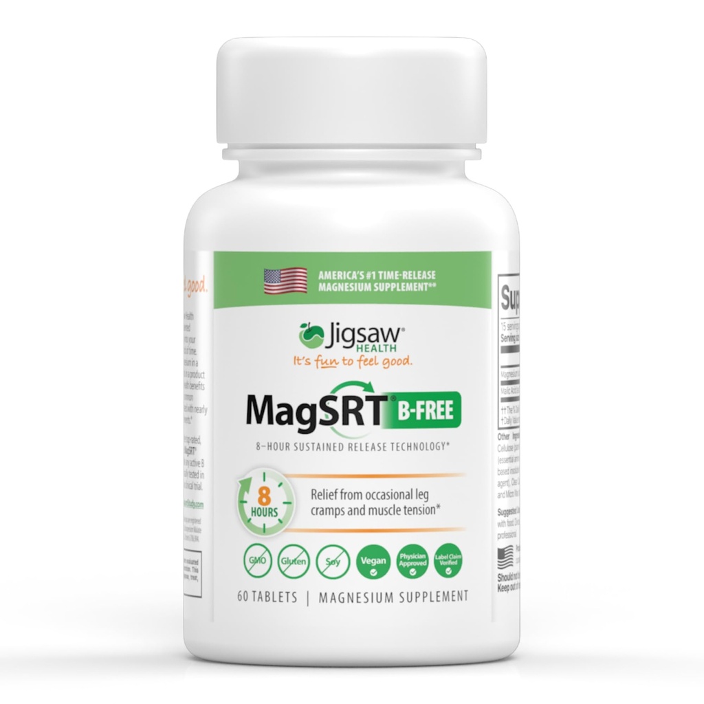 Jigsaw Health MagSRT (B-Free) TEN Premium, Orgánica, Suplemento de Magnesio TEN Active, Bioavailable Magnesium Malate Tablets TEN 60 Tablets ANTE 15 Servimientos