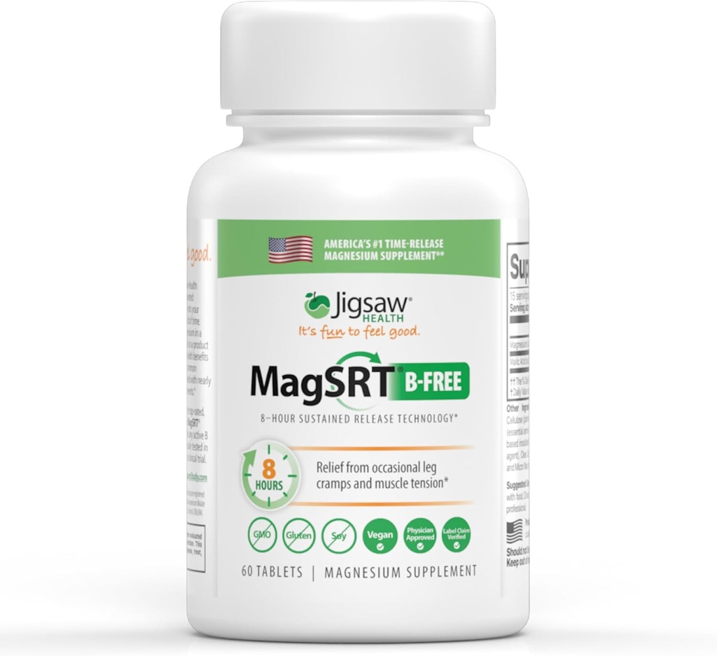 Jigsaw Health MagSRT (B-Free) TEN Premium, Orgánica, Suplemento de Magnesio TEN Active, Bioavailable Magnesium Malate Tablets TEN 60 Tablets ANTE 15 Servimientos
