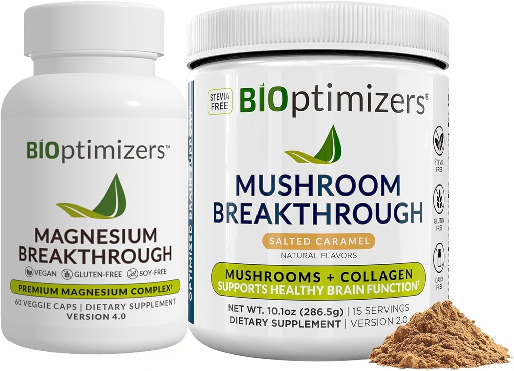BiOptimizers Magnesium Breakthrough 4.0, (60 Capsules) & Mushroom Breakthrough Powder (Salted Caramel, 15 Servings) - Natural Sleep and Brain Superfood &amp; Supplement Bundle
