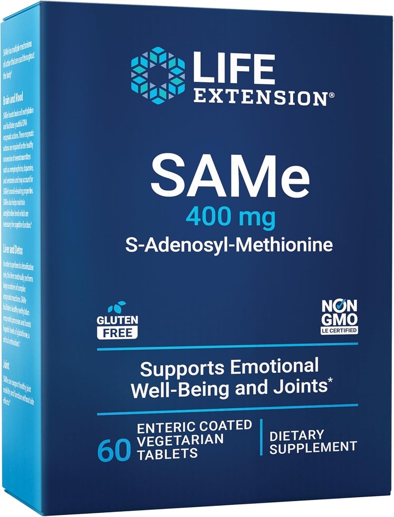 Extensión de la vida Mismo, S-Adenosyl-Methionine, 400 mg, Salud Mood Best-Selling, Salud del hígado y Suplemento de Apoyo Conjunto, No GMO, Vegetariano, Gluten Gratis, 60 Tablets con código interno