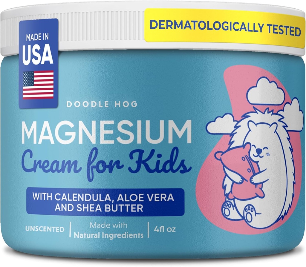 DOODLE HOG Magnesium Cream for Kids - Soothing Relief & Relaxation with Calendula, Aloe Vera, Shea Butter - Topical Magnesium Cream for Sleep - USA Made - (4 oz, Unscented)