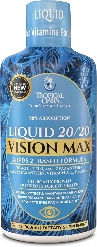 Visión líquida 20/20 - Vitamina Ojo Fórmula w/20mg Lutein, 4mg Zeaxanthin, 4mg Astaxanthin para Vision Support –Max Absorption- Great Taste &amp; No Pills to Swallow– 32 Serv, 32oz