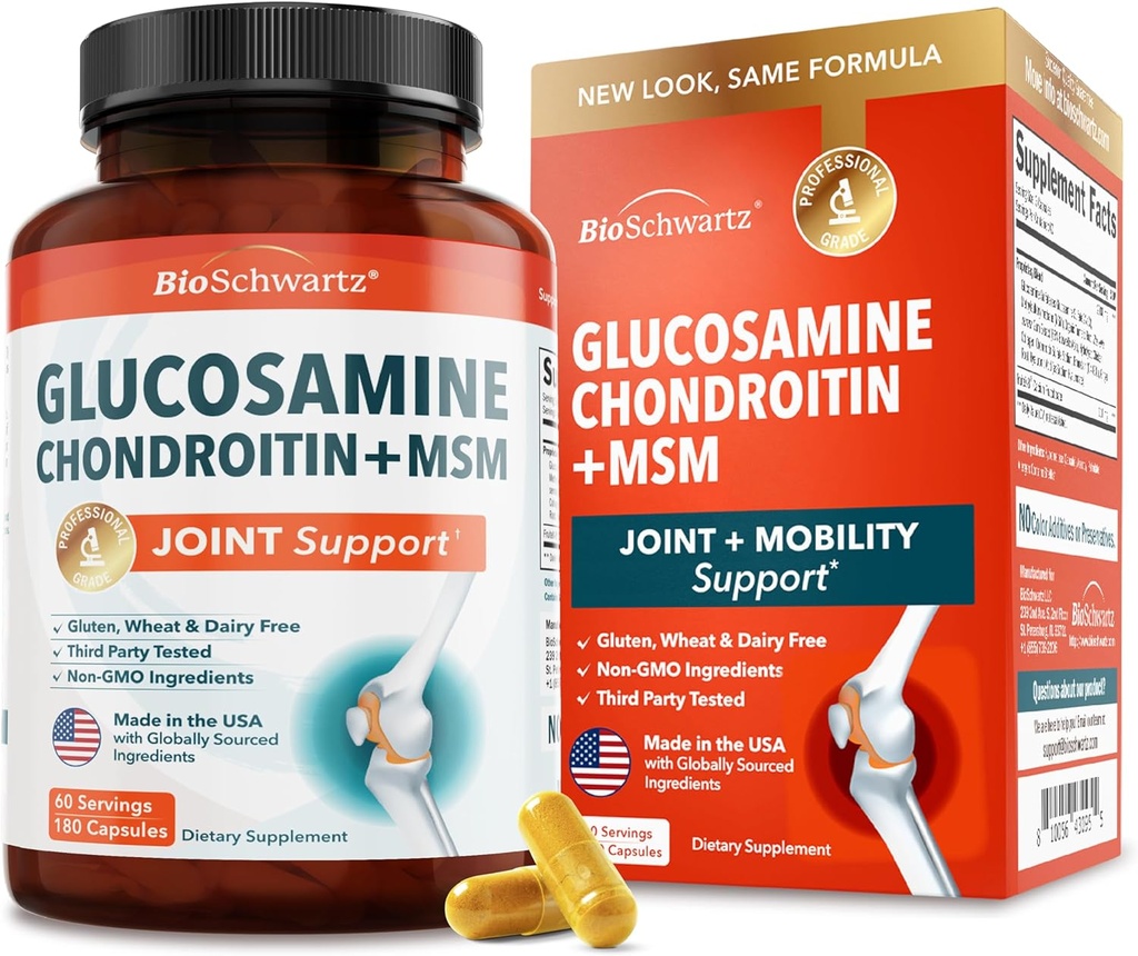 Glucosamine Chondroitin MSM Joint Support Supplement - Collagen Peptides, Turmeric y Ginger, Hyaluronic Acid, Glucosamine Chondroitin Sulfate for Joint Comfort - Gluten Free, Non GMO, 180 Capsules