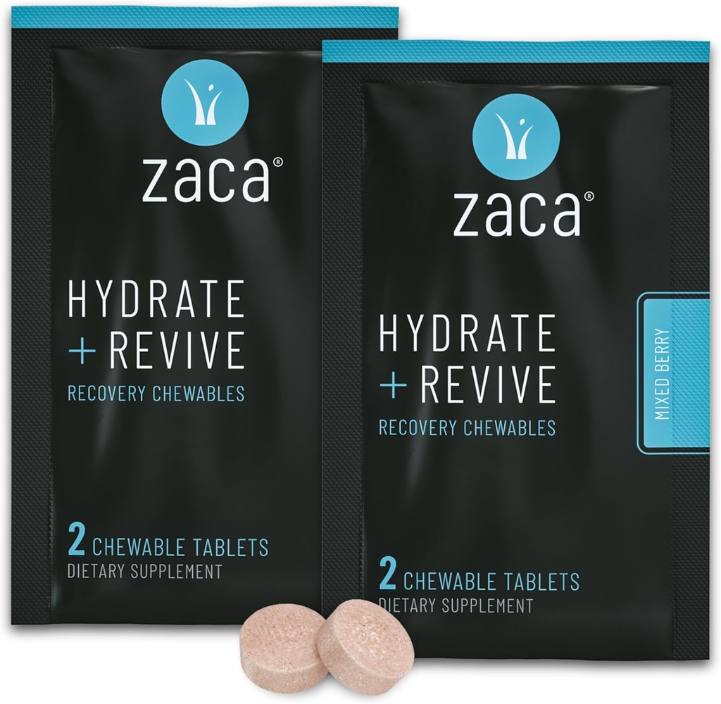 Zaca Recuperación Chewable Suplemento Silencioso Hydrate + Revive Silencioso Parte, Viajes, Ejercicio " Altitud Silencio No Azúcar " No-Gluten Silencio Mixed Berry, 2 Packets = 4 Tablets