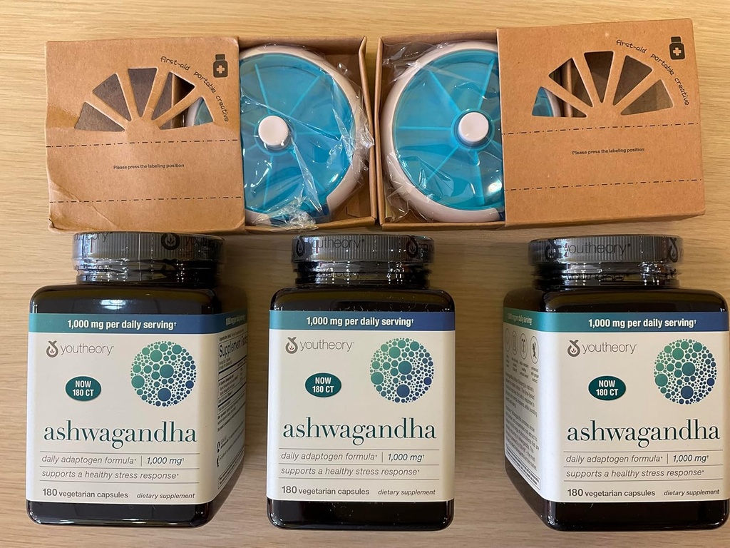 Youtheory Ashwagandha 1000mg con KSM-66 - Ayuda a apoyar una respuesta saludable del estrés, 180 cápsulas (Pack of 3) y 2 Pill Orgnizer