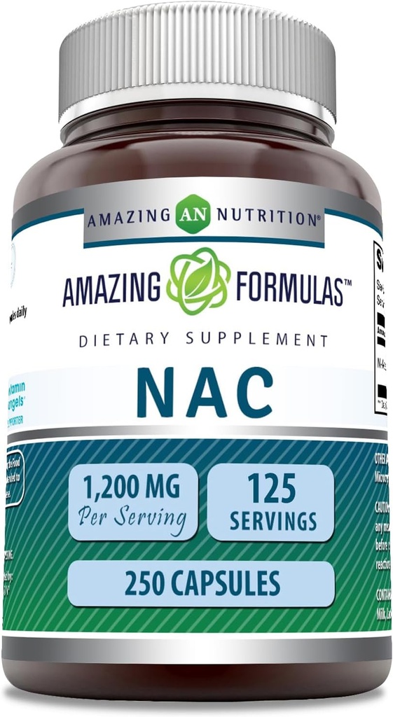 Fórmulas increíbles NAC (N-Acetyl-L-Cysteine) Suplemento TEN 600 Mg por Serving Silencio 250 Capsules ← Non-GMO TEN Gluten Free TEN Made in USA