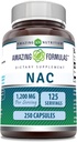 Fórmulas increíbles NAC (N-Acetyl-L-Cysteine) Suplemento TEN 600 Mg por Serving Silencio 250 Capsules ← Non-GMO TEN Gluten Free TEN Made in USA