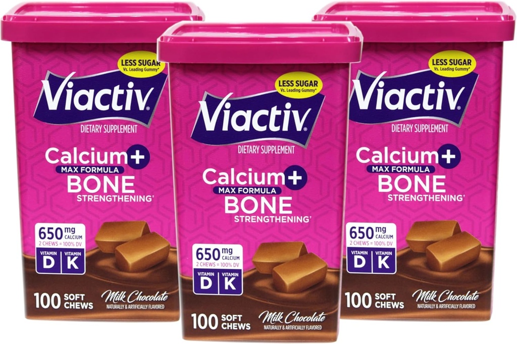 Viactiv Max Fórmula Calcio +Vitamin D3 Suplemento para la leche de bonificación Chocolate, 100 cerdas suaves - 3 Pack