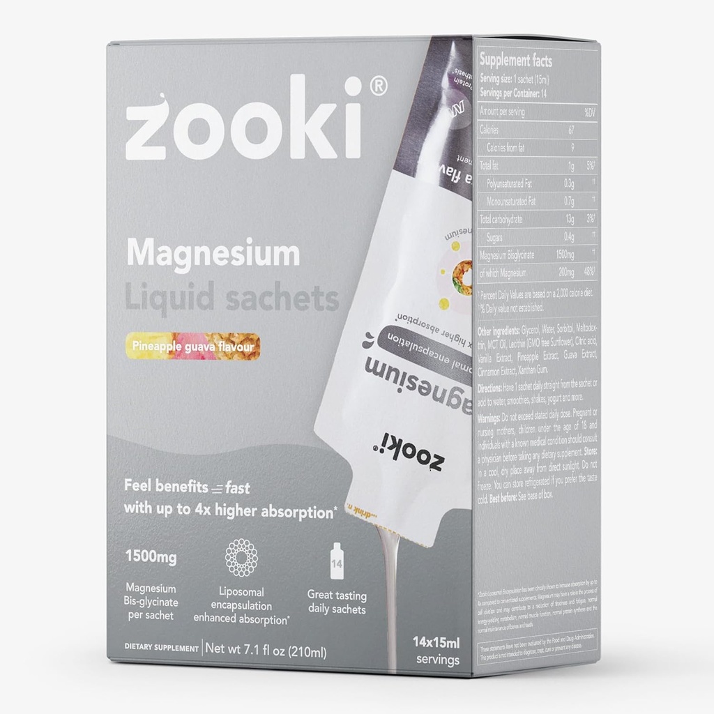 Zooki Liposomal Magnesio Glycinate 1500mg Líquido – 4X Absorción Superior – Gran Sabor, Azúcar Libre, Vegan – Alternativa a Tablas de Magnesio de Alta Fuerza – Durmiente, Estrés, Calambres musculares (14 Servimientos)