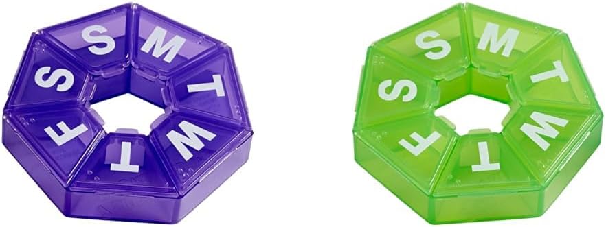 Ezy Dose Organizadores semanales de píldoras, 7-Sided, púrpura (67009PAMT) y verde (67009GAMT)