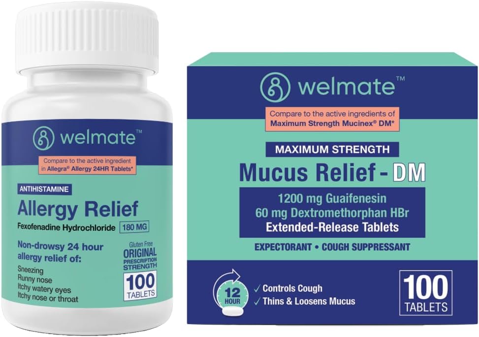 WELMATE Complete Allergy " Congestion Relief Bundle: Fexofenadine HCl 180mg Non-Drowsy Antihistamine (100 Ct) + Mucus Relief DM 1200mg Guaifenesin " 60mg DXM (100 Ct)