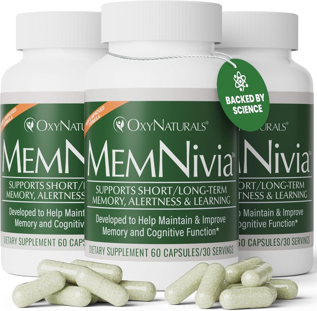 MemNivia Brain Supplements for Memory & Focus TENIDO Fórmula de células madre de doble sabio con Cognivia®, Bacopa, Holy Basil &amp; Ginger TEN Respuesta clínicamente Probada a la Claridad Mental TEN 180 Capsules (3 Botellas)