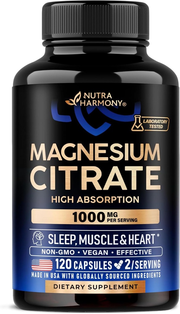 Magnesium Citrate Capsules 1000mg ← High Absorption Supplement - Sleep, Muscle & Heart Support - Vegan ← Non-GMO - Made in USA - As Powder  durable Pills - 120 Capsules, 2 Month Supply