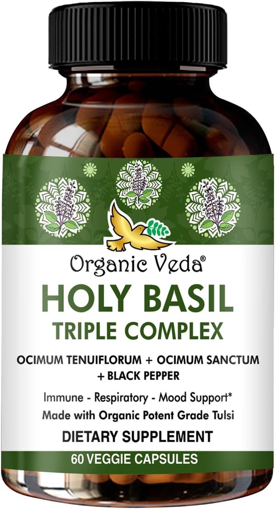 Orgánica Veda Holy Basil Capsules - Triple Complejo Tulsi Holy Basil Leaf Extract - Apoyo Salud Respiratoria, Inmunidad - Promueve la Respuesta de Estrés Saludable &amp; Mood - Vegan, Sin gluten - 60 Conde