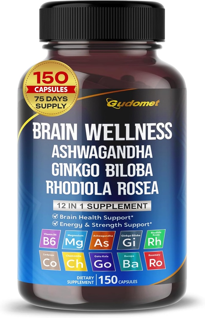 Brain Wellness Ginkgo Biloba Rhodiola Cordyceps Chamomile Ashwagandha Gotu Kola Bacopa Rosemary Holy Basil Black Pepper -150 Capsules- Made in USA