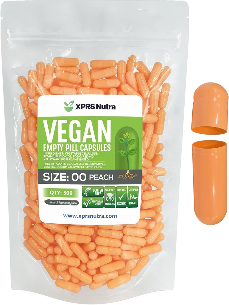 XPRS Nutra Size 00 Empty Capsules - 500 Count Empty Vegan Capsules - Vegetarian Empty Pills - DIY Vegetable Capsule Filling- Veggie Pill Caps (Peach)