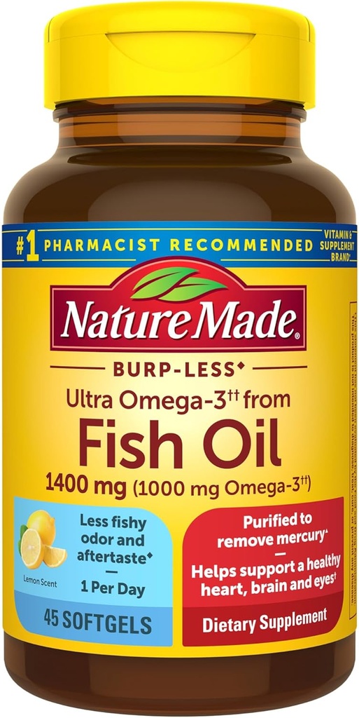Nature Made Extra Strength Omega 3 Suplementos de aceite de pescado, 1400 mg, aceite de pescado Omega 3 Suplementos como esteres de etilo para el corazón sano, cerebro, ojos, soporte de orina, 45 Softgels, 45 Day Supply