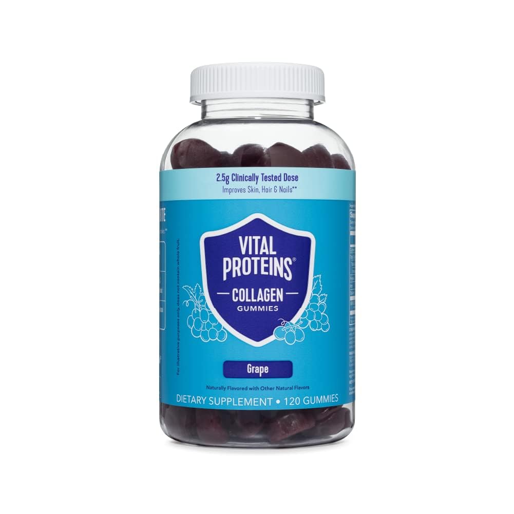 Proteínas Vital Collagen Gummies, 2.5g de Collagen de Tejido Clínico para el cabello, la piel, las arrugas de uñas, 120 ct, 30-Day Supply, Grape Flavor