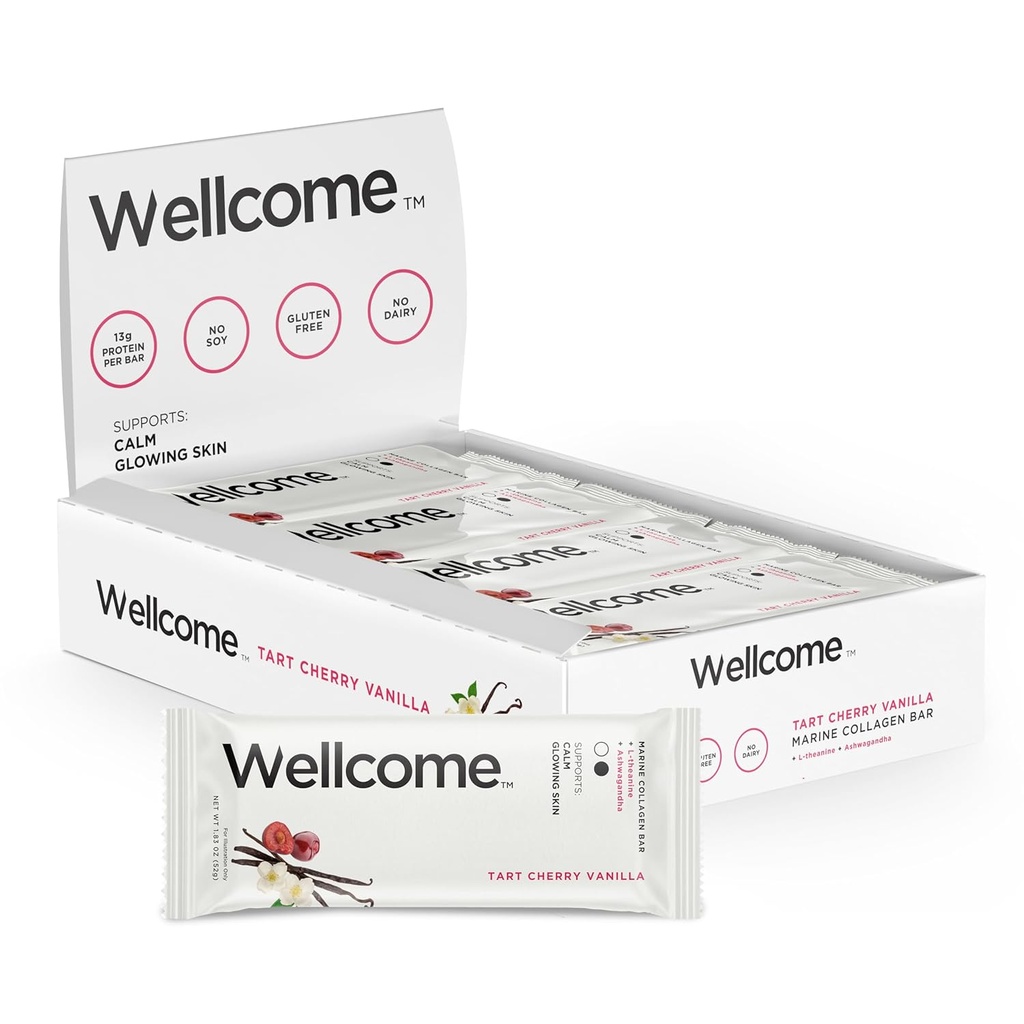 Wellcome Tart Cherry Vanilla Marine Collagen Protein Bar con Ashwagandha y L-Theanine - Adaptogenic Snack Bar - Dairy Free Health Bar for Functional Active Lifestyle (Pack of 12)