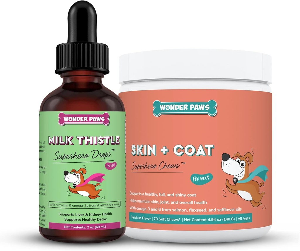 WONDER PAWS Milk Thistle Drops Plus Skin + Coat Soft Chews - for Dogs Liver and Kidney Support, Detox & Skin and Coat Health - Milk Thistle 2 Ounces - Skin + Coat 70 Chews
