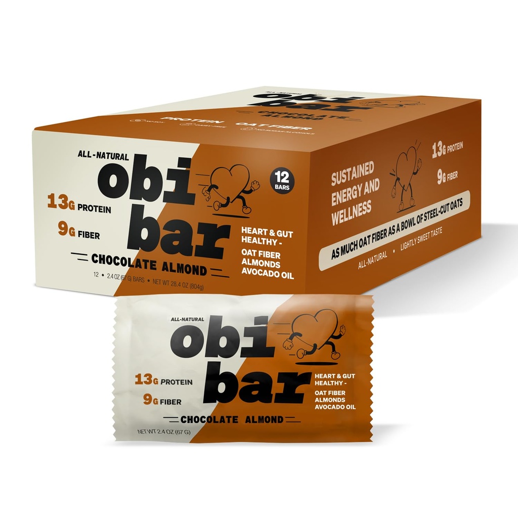 Obi Bar Chocolate Almendra - Proteína y Oat Fiber Bar Silencioso Todo-Natural Silencio Sostenida Energía Ligeramente Dulce Sabor Silencioso 100% Cocoa, Almendras Chunks Silencio MADE CON AVOCADO OIL Silencioso Egg White Protein Silencioso Soy Libre, No Sugar Alcohol, No Semillas Óleos TEN 2.4oz, 12 Pack