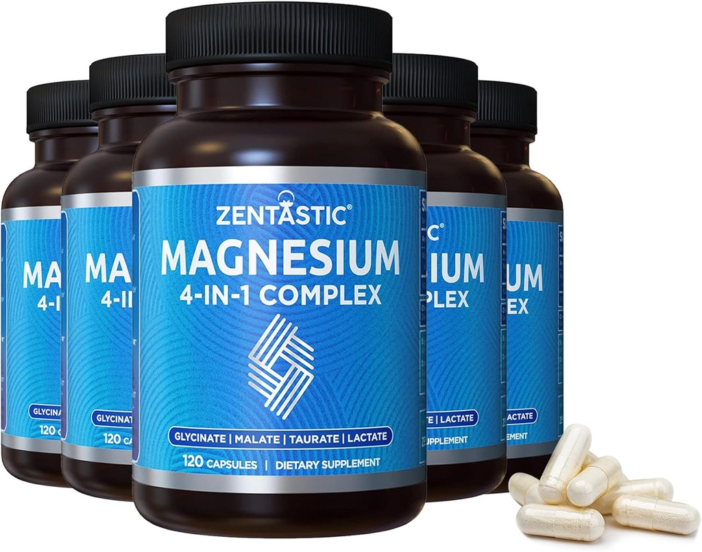 Complejo de Magnesio Zentastico - 600 cápsulas de Magnesio - Glycinate de Magnesio Chelatado, Malate, Taurate & Lactate - Huesos de soporte, músculos