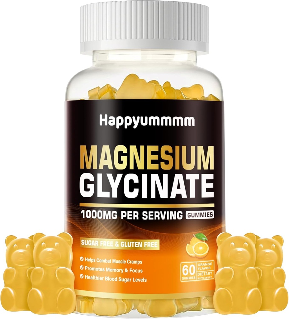 Magnesio Glycinate Gummies 1000mg - Suplemento de Potasio de Magnesio Libre de Azúcar con Vitamina D, B6, CoQ10 para calma Mood &amp; Sleep Support - 60 Orange Gummies