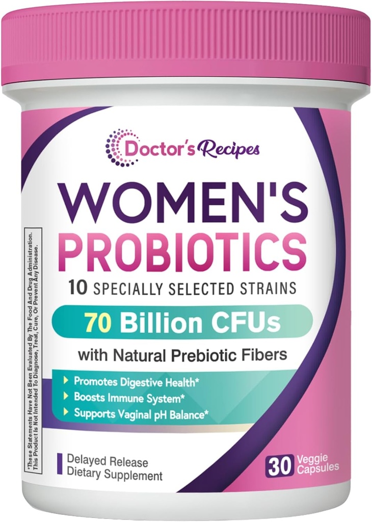 Recetas de doctores Probióticos para Mujeres, Prebióticos Orgánicos y Probióticos para Salud Digestiva, Salud Vaginal, 70 Billones CFU, 10 Strains, Estable de Estante, 30 cápsulas