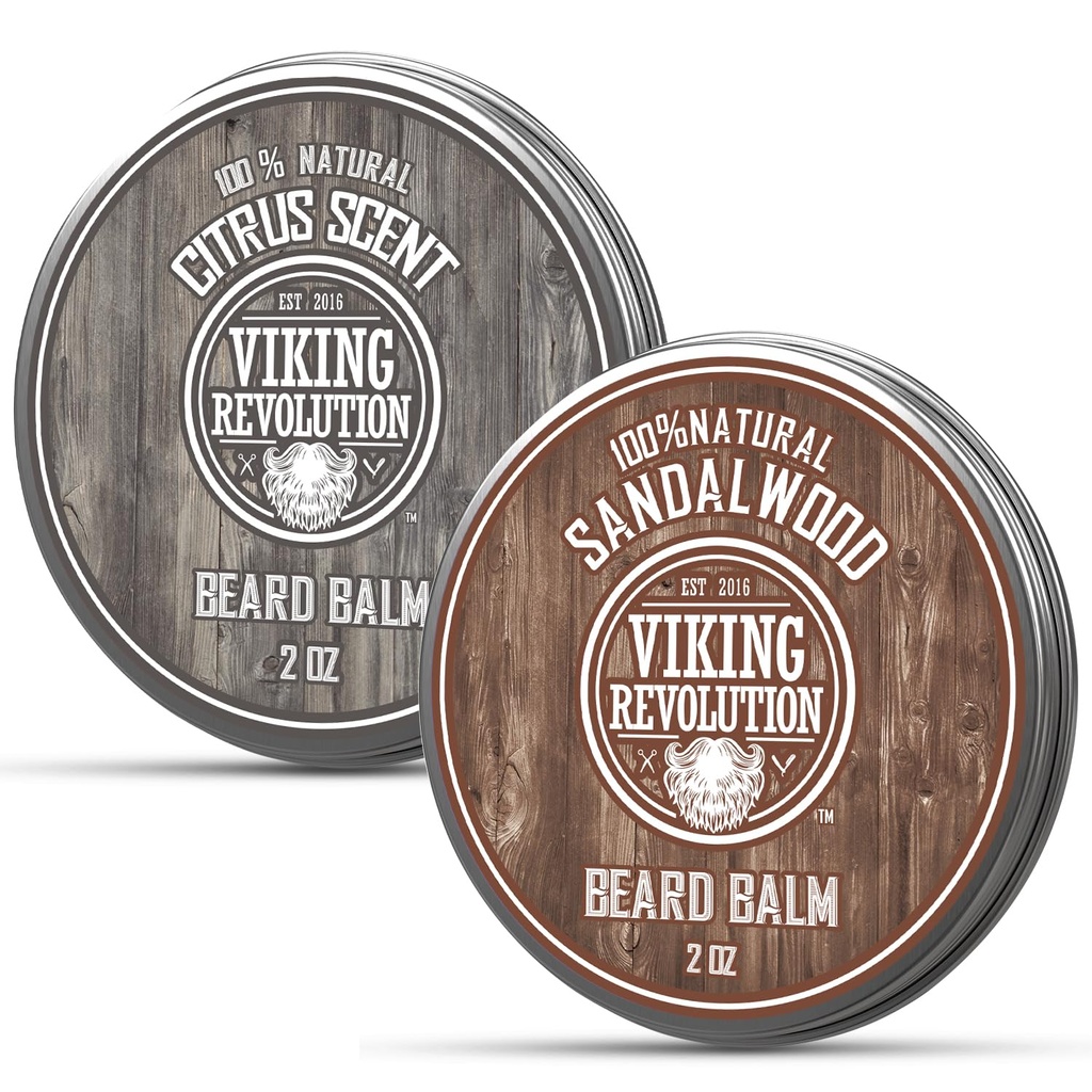 Vikingo revolución Citrus y Sandalwood Beard Balm - Butter Con Argan Oil, Softener Con Jojoba Oil, Moisturizer Con Beeswax - Wax para Hombres con Mango Butter (2oz, 2 Pack)