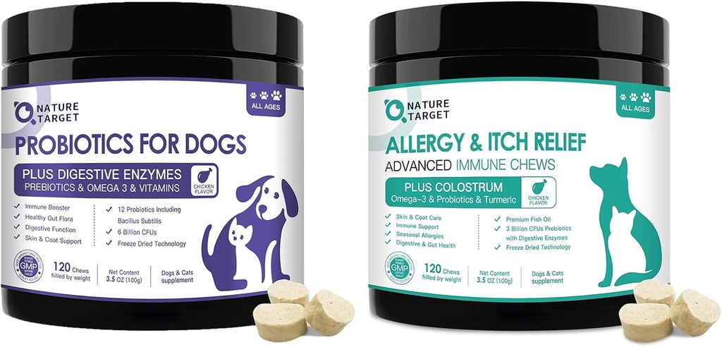 NATURE TARGET Probiotics for Dogs, with Prebiotics & Digestive Enzymes, Vitamins & Omega 3 for Allergy Itch Relief, Reduce Diarrhea, Gas, Stop Pawlicking, Hot Spots, Shedding