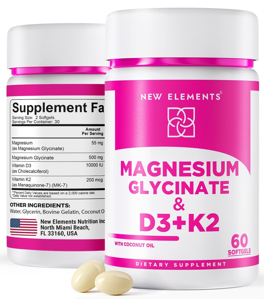 Magnesium Glycinate 500mg with High-Potency Vitamin D3 10,000 IU & Vitamin K2 200mcg  Mejorado con aceite de coco para absorción óptima ← Non-GMO, Gluten-Free, Sugar-Free Softgels (60 softgels)