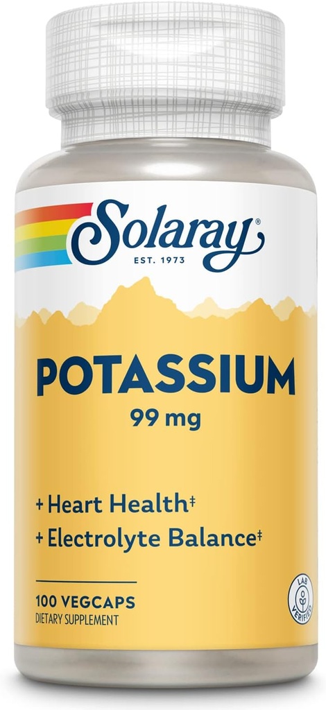 Solaray Potassium 99 mg - Electrolyte Balance Fórmula - Suplemento de Potasio para Electrolitos, Vascular y Heart Health Support - Garantía de devolución de dinero de 60 días, Lab Verified, 100 Servimientos, 100 VegCaps