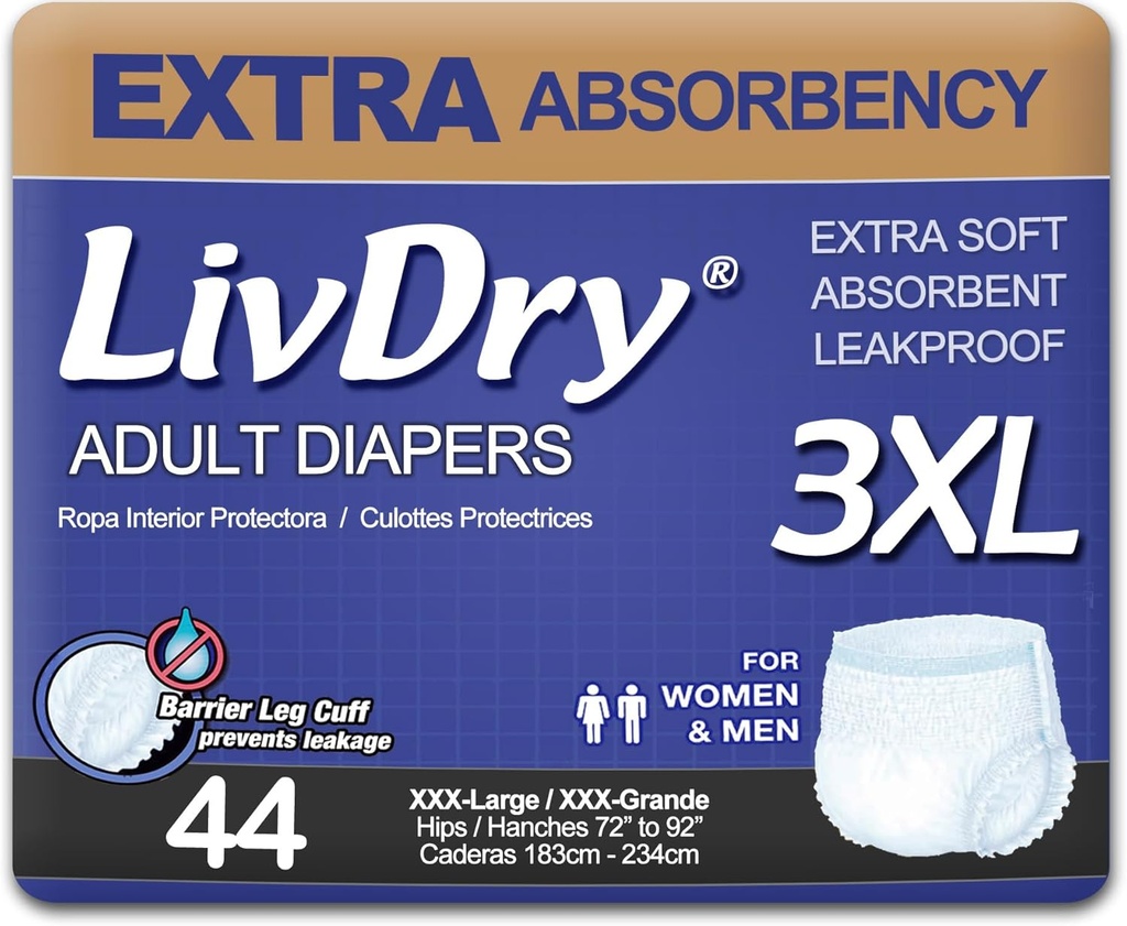 LivDry Adult Incontinence Underwear, Extra Absorbency Adult Diapers, Leak Protection (XXX-Large (44 Count))