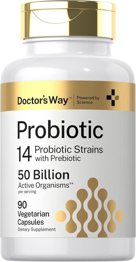 Doctor's Way Probiotic Supplement tención 50 Billion Active Organisms TEN 90 Capsules TEN 14 Strains with Prebiotic TEN for Hombre and Women TEN Vegetarian, Non-GMO, Gluten Free