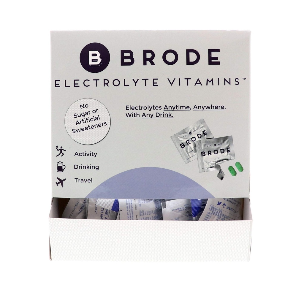 Brode Electrolyte Vitamin - Portable Zero-Sugar Electrolyte Tablets - for Sports, Nightlife, Jet Lag, 5 Essential Electrolytes + 9 Vitamins 100-Packets