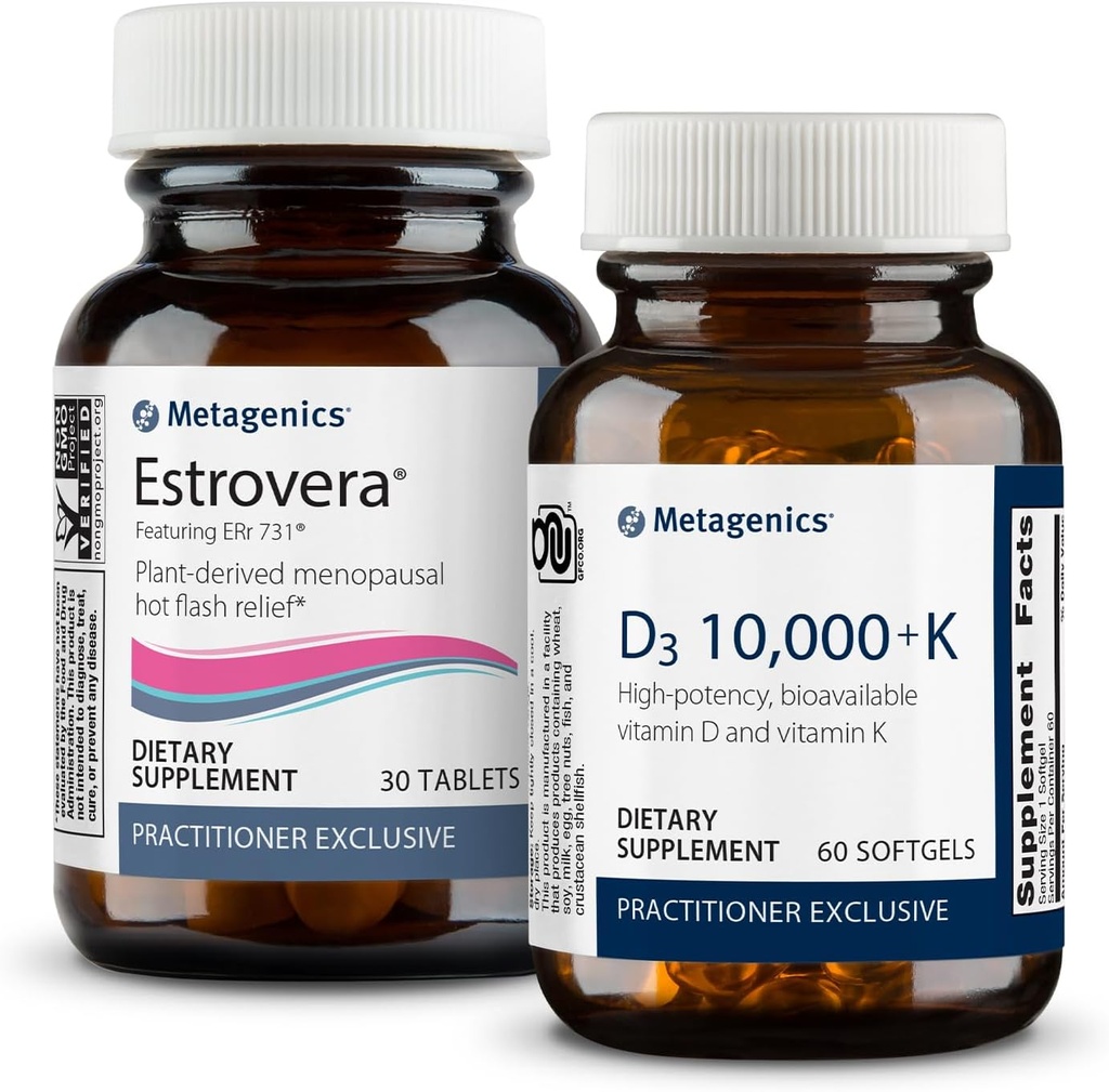 Metagenics Menopause Duo: HerWellness Estrovera - All-Natural, Hormone-Free Menopause Support Suplemento - 30 Tablets &amp; Vitamin D3 10,000 + K - for Bone & Heart Health - 60 Softgels