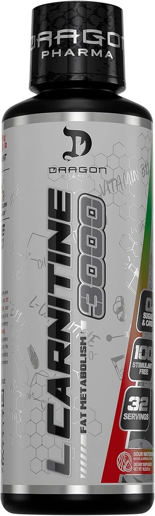 DRAGON PHARMA L-Carnitina 3000, Suplemento de Aminoácidos, Aumentar Energía y entrenamiento disponibles más duro, Admite el Control de Apetición (32 Servimientos, Sour Watermelon)