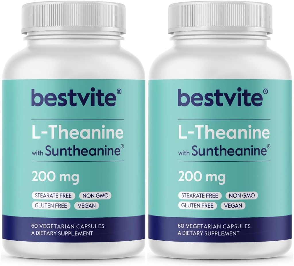 BESTVITE Double Strength Suntheanine L-Theanine 200mg – Patented & Clinically Studied – 120 cápsulas vegetarianas (2 x 60) – Vegan – No Stearates – Non GMO – Gluten Free – Relax Apoyo