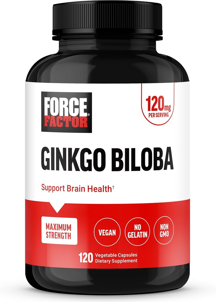 FACTOR DE FORCE Ginkgo Biloba 120mg, Suplemento de salud cerebral para adultos, máxima fuerza Ginko Apoyo cerebral y suplemento cognitivo, Vegan, No GMO, 120 cápsulas
