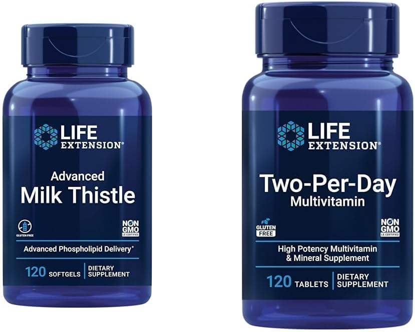 Extensión de vida Advanced Milk Thistle 120 Softgels and Two-Per-Day High Potency Multi-Vitamin & Mineral 120 Tablets Bundle