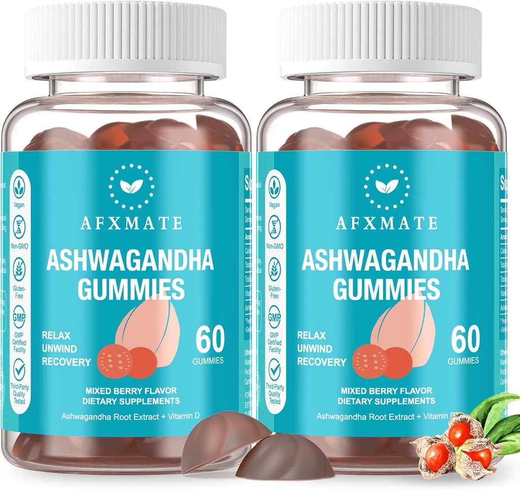 AFXMATE Ashwagandha Gummies & vitamina D Gummies for Men &amp; Women 120 Count Aswangdha Supplement (Non-GMO, Sugar Free &amp; Gluten Free)