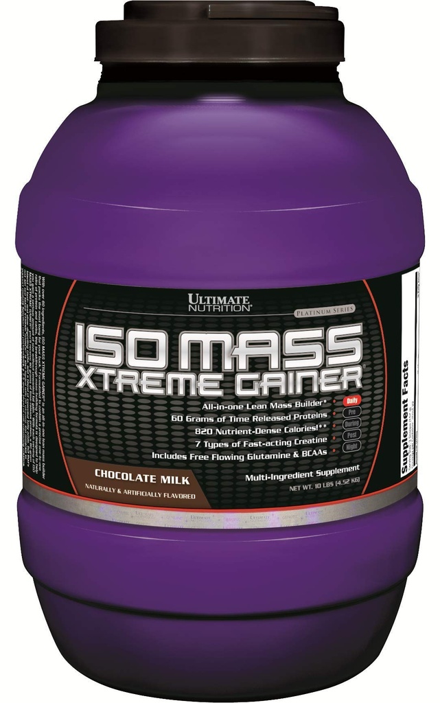 Ultimate Nutrition ISO Mass Xtreme Gainer, Weight Gainer Protein Powder with Creatine, 60 Grams of Protein, Whey Isolate Protein Powder for Lean Muscle Gain, 10 LBS with 30 Servings, Chocolate