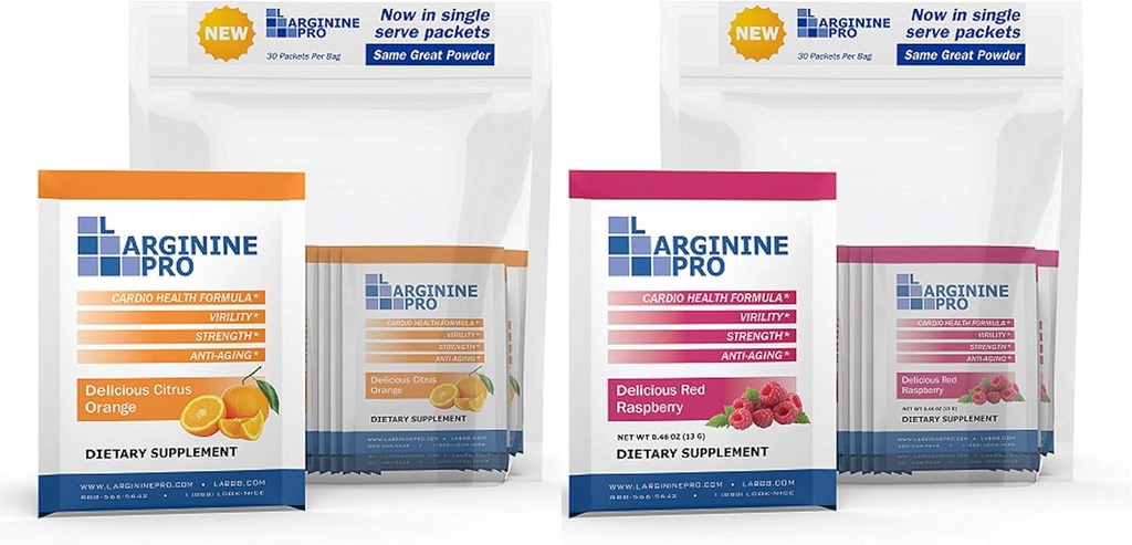 L-ARGININE PRO Suplemento Powder ← 60 Packets Single Serve Travel Size  5,500mg de L-arginine Plus 1,100mg L-Citrulline, Raspberry & Orange